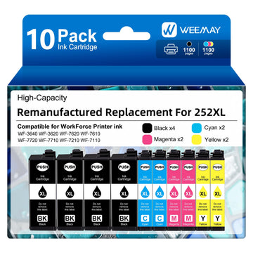Weemay Remanufactured Ink Cartridges Replacement for Epson 252XL Ink Cartridges for Epson Printer Workforce WF-3640 WF-3620 WF-7720 WF-7710 WF-7620 WF-7610 WF-7210 (4 Black, 2 Cyan 2 Magenta 2 Yellow)