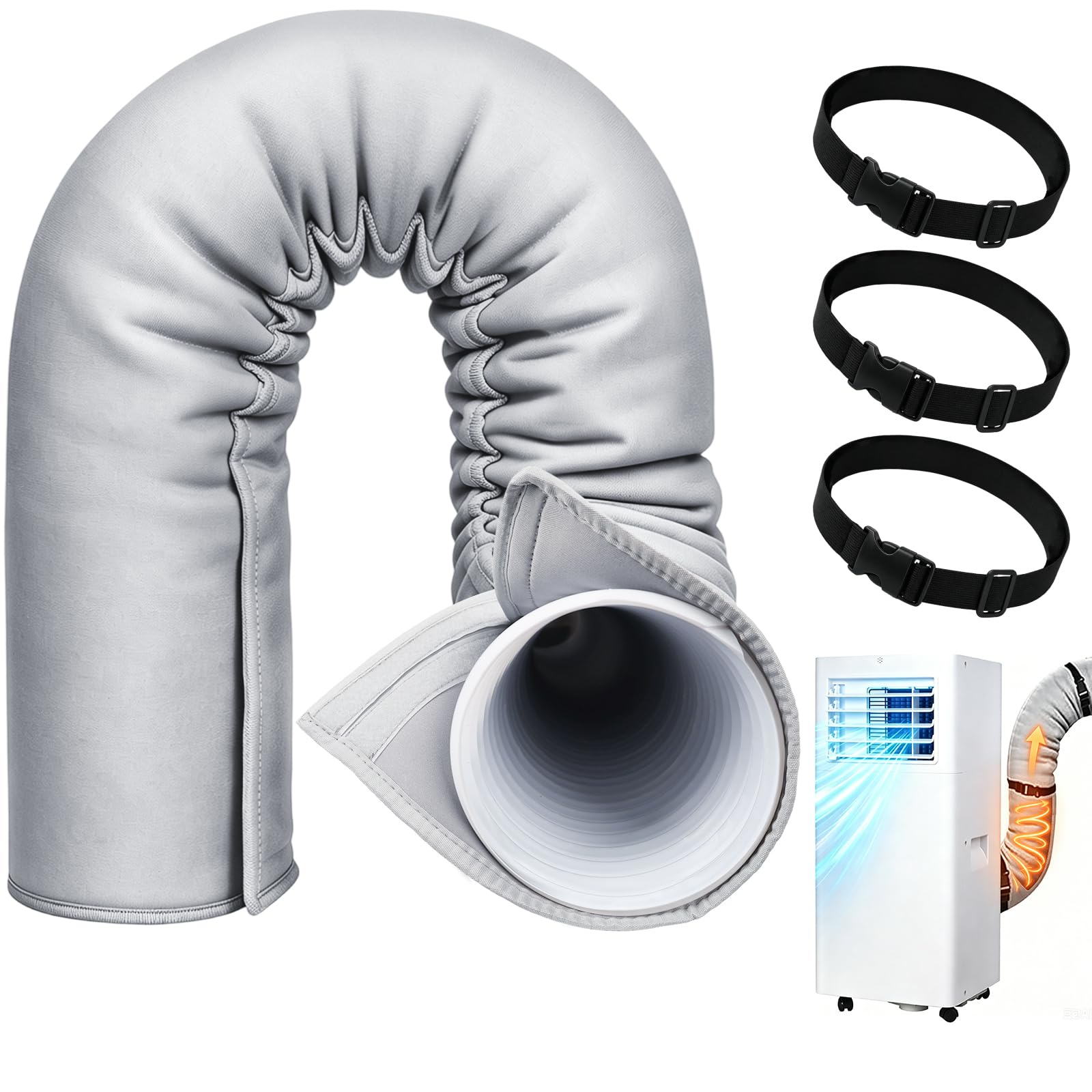 Portable AC Hose Insulation Sleeve, Air Conditioner Hose Cover Wrap Fit for 5" & 5.9" Diameter Exhaust Hose, AC Hose Insulation Cover with 3 Pcs Adjustable Buckle Straps for Secure Fixation (Gray)