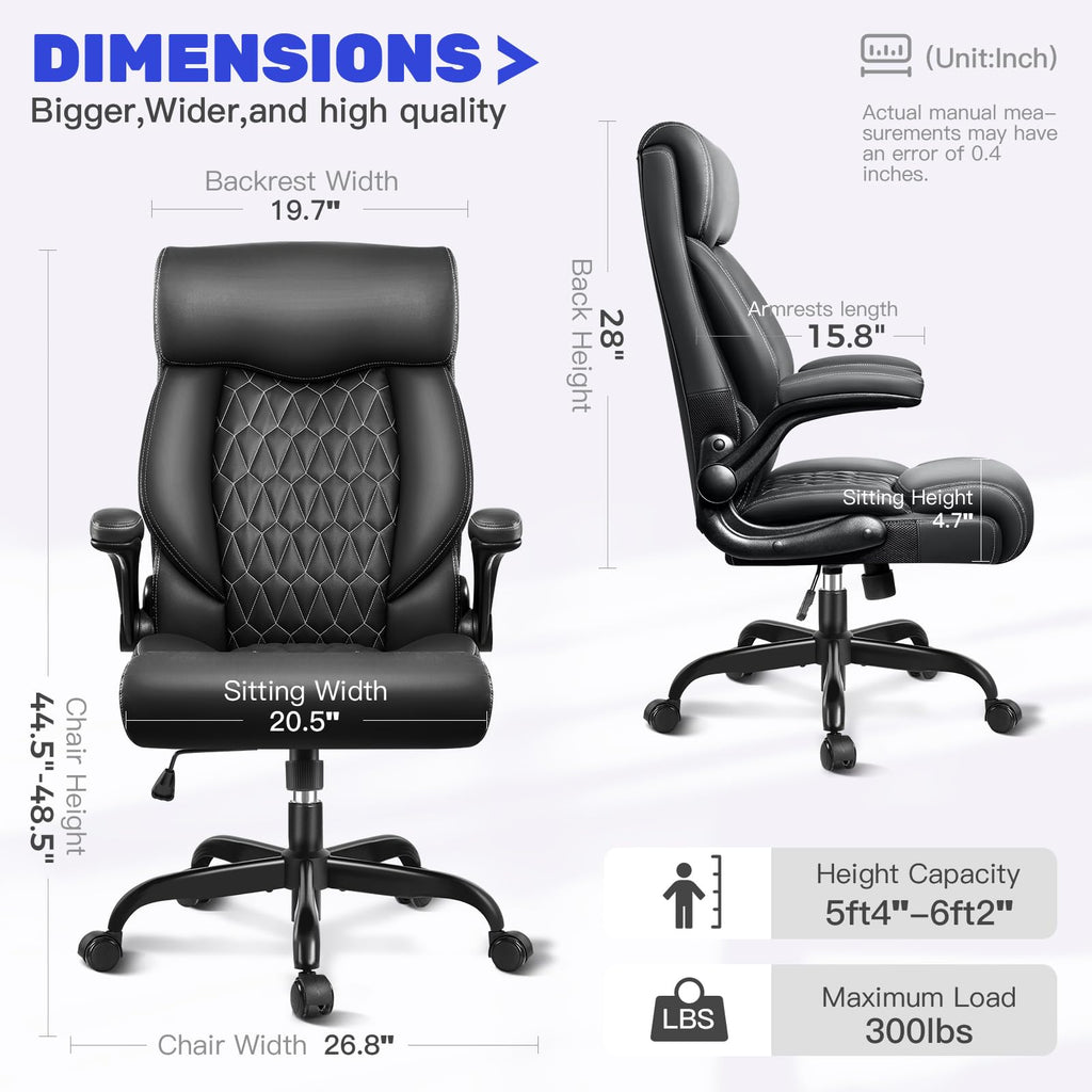 High Back Executive Office Chair - Ergonomic Computer Desk with Rocking Function, Leather Managerial with Adjustable Flip-up Armrests and