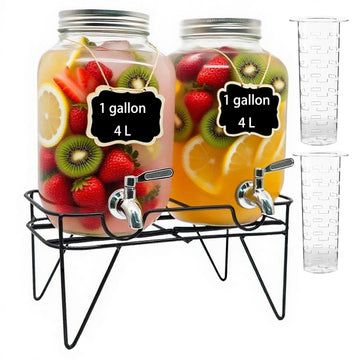 Toowood 1 Gallon Glass Drink Dispensers For Parties 2PACK, Beverage Dispenser, Glass Drink Dispenser with Stand Stainless Steel Spigot, Lemonade Dispenser for BBQ Picnic, Party