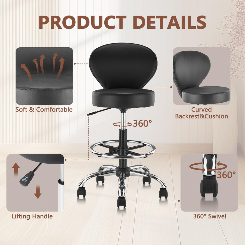 Klasika Pvc Faux Leather Drafting Chair Set of 4 Rolling Swivel Salon Stool with Back Foot Rest Adjustable Hydraulic Seat Height 30 Inch