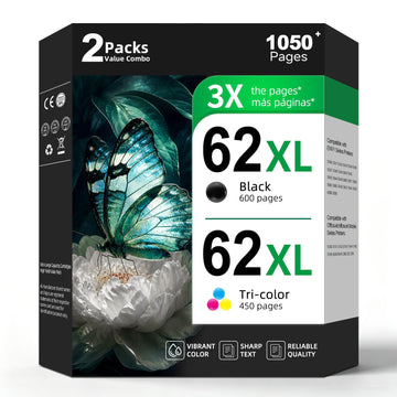 62XL Ink Cartridge Combo Pack Replacement for Hp Ink 62 XL for HP62 HP62xl ink cartridges Black and Color Pack Work with Envy 7640 7645 5660 5540 OfficeJet 200 250 5740 5745 8040 8045 Printer 2-Pack