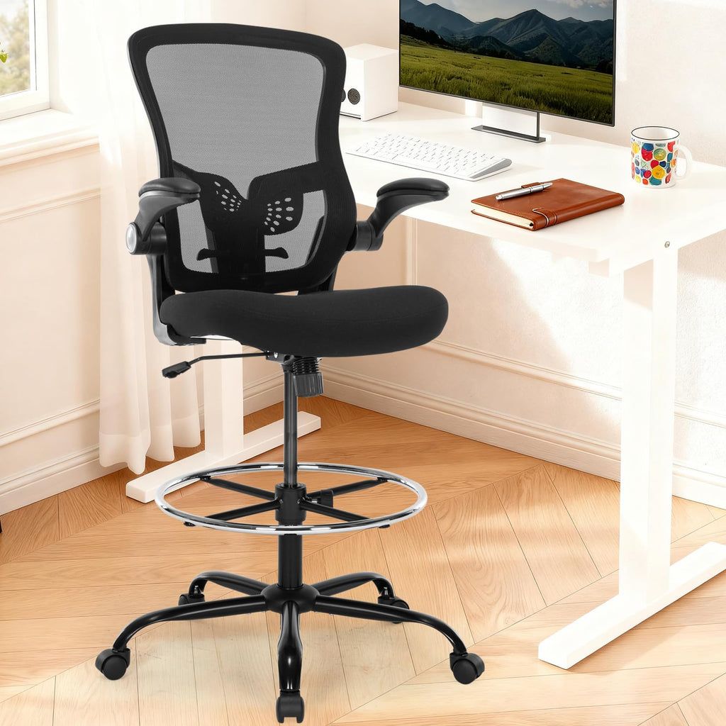 Bondesin Drafting Chair, Ergonomic Tall Office Chair with Lumbar Support Standing Desk Stool with Flip-up Armrests Comfy High Office Desk Chair