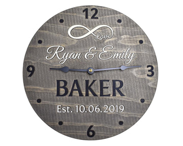 11 Inch Custom Made Wooden Anniversary Clock - Personalized for Married Couple with Infinity Symbol