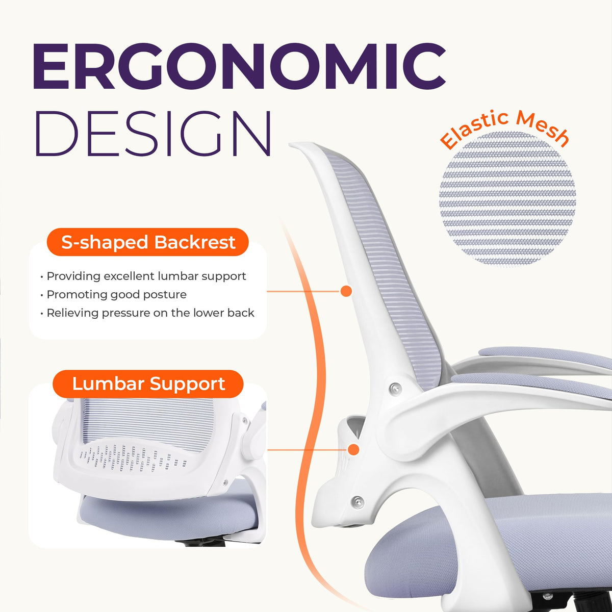 Neo Chair Office Desk Chair, Ergonomic Mesh with Flip-up Armrests, Purple, 23.5 inches x 24.4 inches x 40 inches