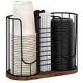 Coffee Cup Holder 18oz 3-Compartment Paper Cup Dispenser Rack with Wood Base - Disposable Cup, Straw & Lid Organizer 3-in-1 Storage for Countertop, Coffee Bar, Kitchen, Office