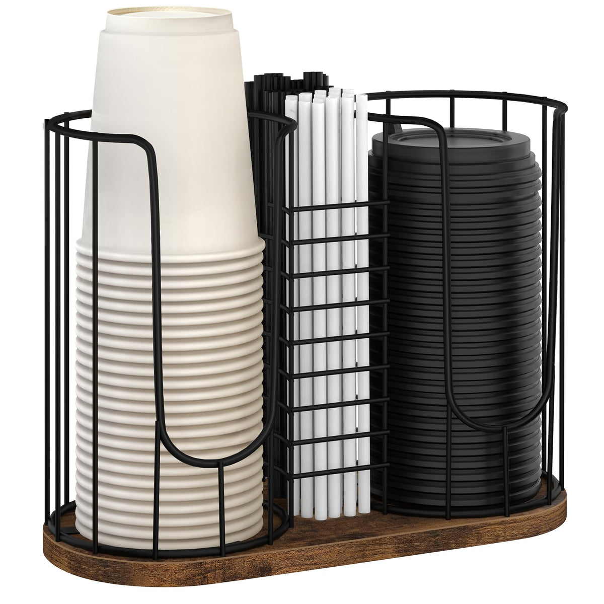 Coffee Cup Holder 18oz 3-Compartment Paper Cup Dispenser Rack with Wood Base - Disposable Cup, Straw & Lid Organizer 3-in-1 Storage for Countertop, Coffee Bar, Kitchen, Office