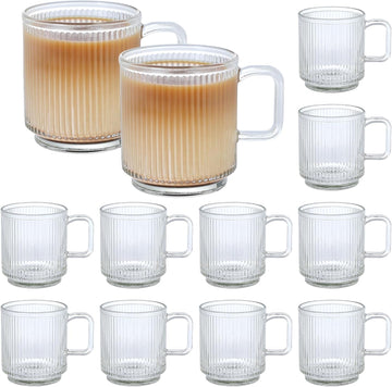 Catsayer 12 PACK Premium Glass Coffee Mugs with Handle, 12 OZ Classic Vertical Stripes Glass Coffee Cups, Transparent Tea Cup for Hot/Cold Beverages, Glassware Set for Americano, Latte, Cappuccino
