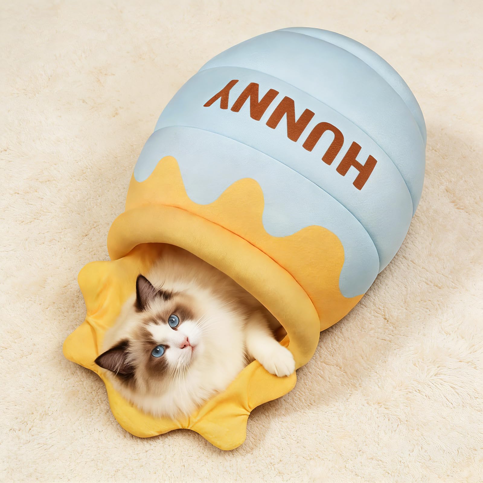 Honey Pot Cat Cave Bed - Covered Cat Beds for Indoor Cats with Removable & Washable Cushion, Enclosed Kitten Puppy Hut, Cute Kitty Hideaway for Small Cats Dogs and Pet Breeds