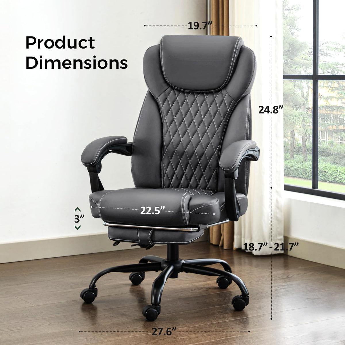 Amseatec Big and Tall Office Chair with Footrest, Lumbar Support, Grey, Oversized
