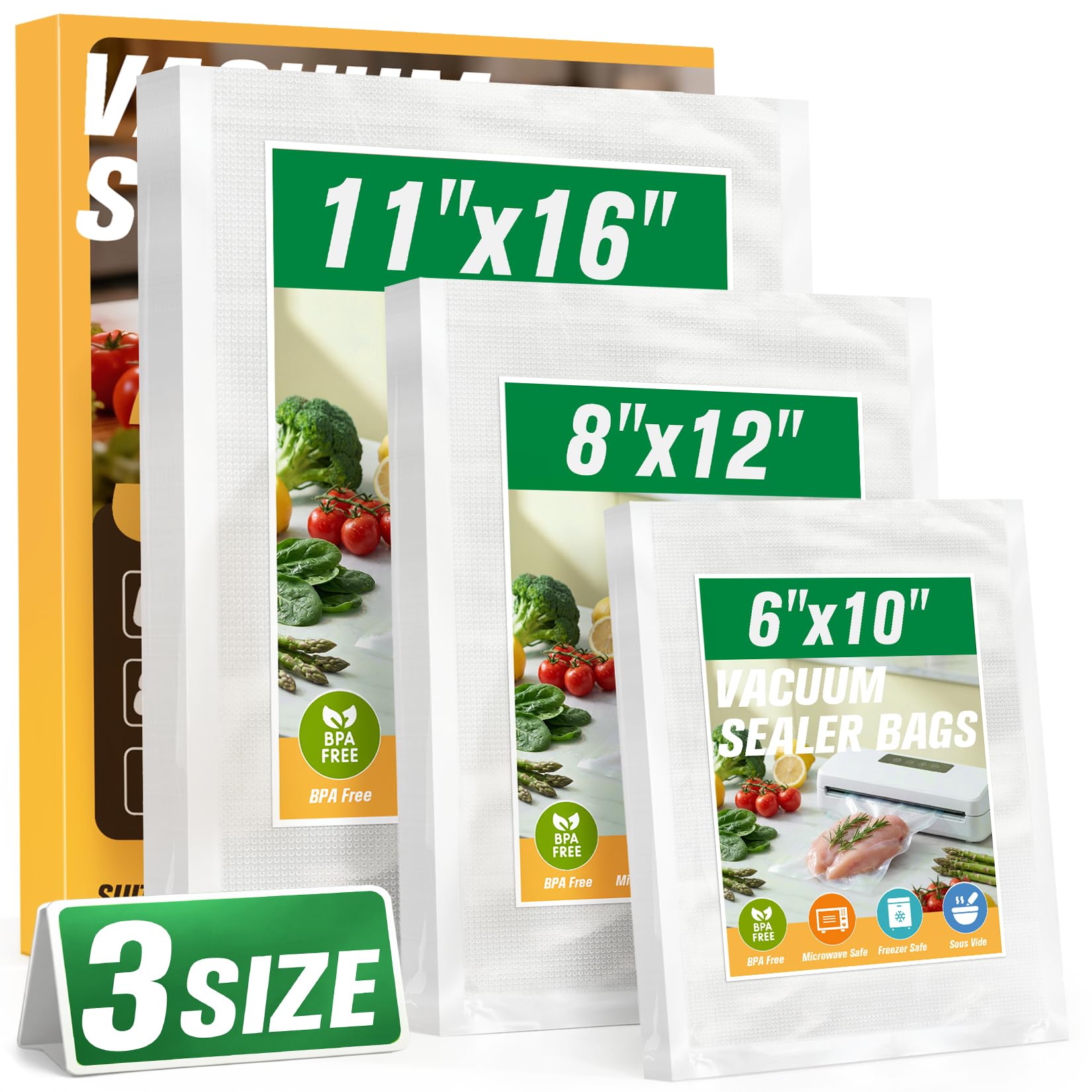 Vacuum Sealer Bags for Food, Precut Gallon 11" x 16", Quart 8" x 12", Pint 6" x 10",BPA Free Vacuum Seal Freezer Bags, Airtight Food Storage for Meal Prep, Sous Vide & Bulk Freezing-100 PCS