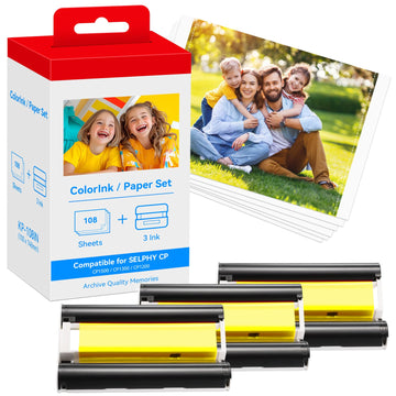 Compatible with KP-108IN 3 Color Ink Cassette and 108 Sheets 4 x 6 Paper | Compatible with Canon KP-108IN Color Ink and Paper Set and Comptible for Selphy CP1500 CP1300 CP1200 CP1000 CP910 CP900 CP810