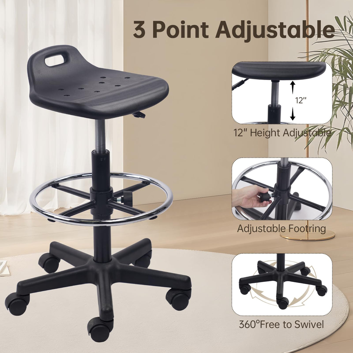 Klasika Drafting Rolling Stool Adjustable Height with Foot Rest Breathable Seat Cushion Swivel Stools with Wheels, Multi-purpose Work Stool for