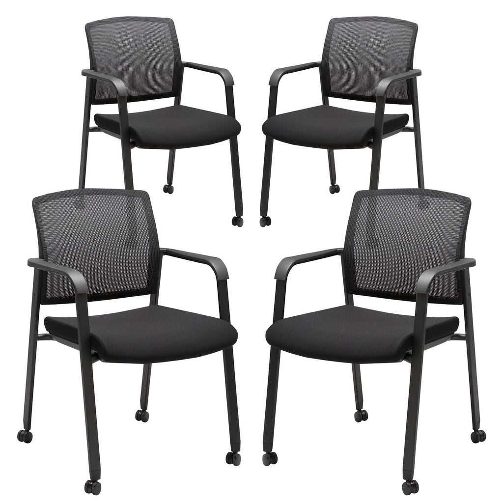 Clatina Mesh Back Guest Reception Arm Chairs with Wheels, Waiting Room Chairs with Upholstered Fabric Seat and Ergonomic Lumbar Support for