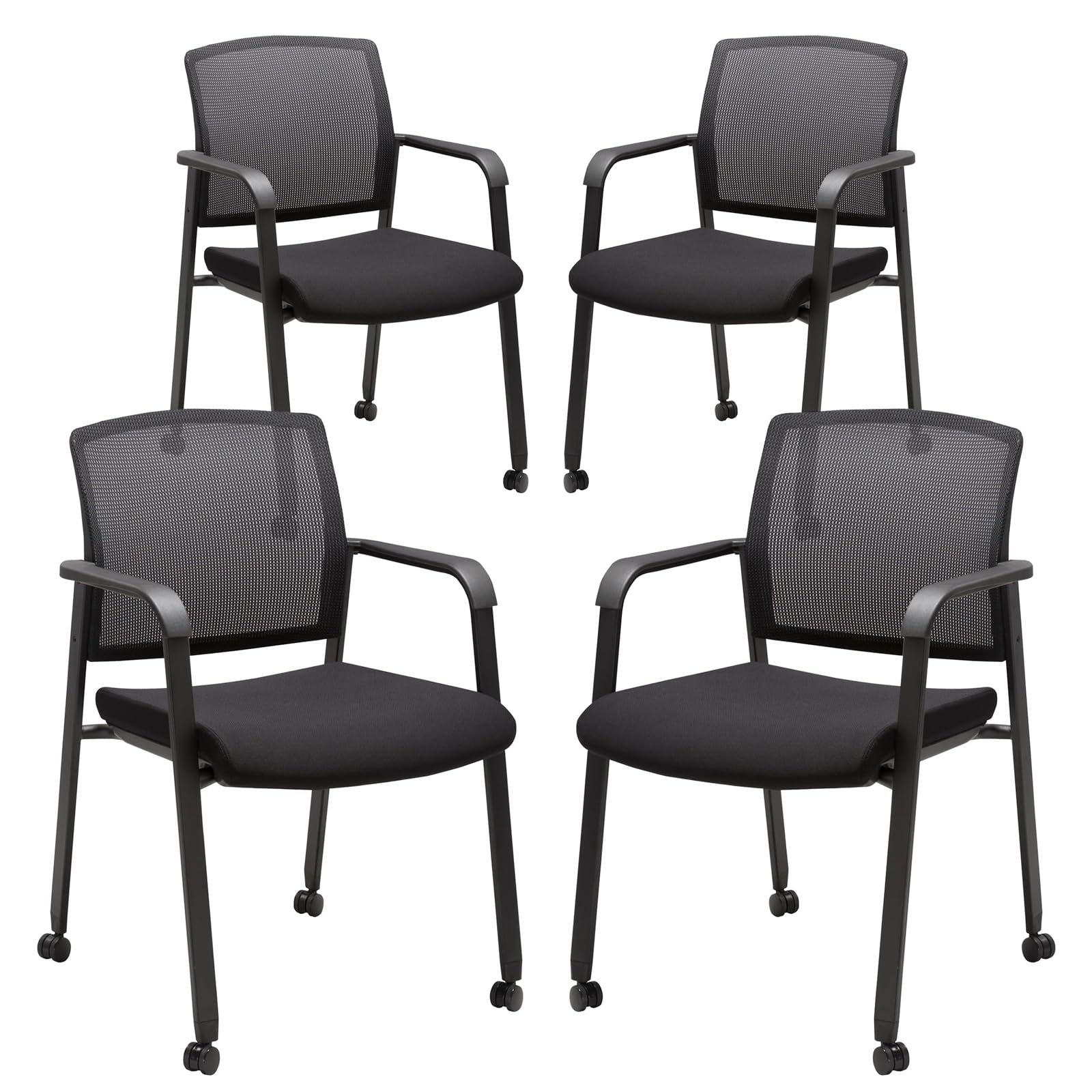Clatina Mesh Back Guest Reception Arm Chairs with Wheels, Waiting Room Chairs with Upholstered Fabric Seat and Ergonomic Lumbar Support for
