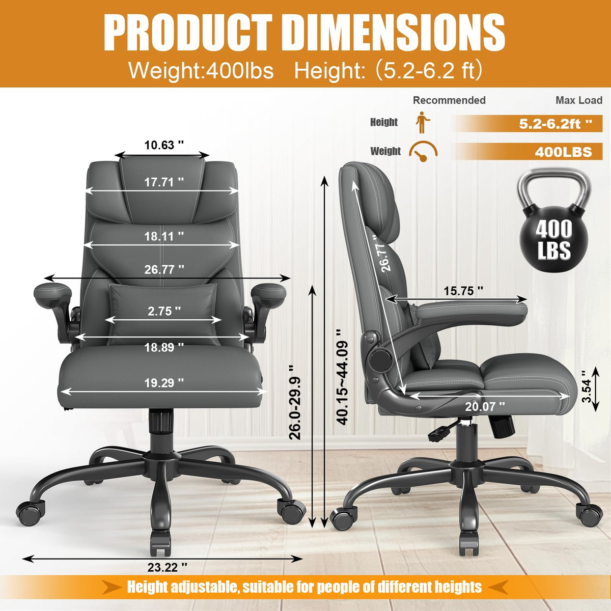 Executive Office Chair with Flip-up Armrests,ergonomic Computer Desk Chairs, 26.56 x 8.58 x 17.71inch, Grey