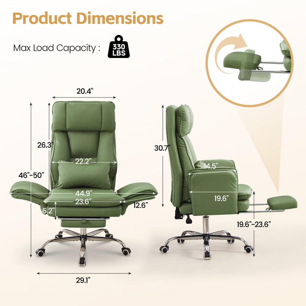 Big and Tall Office Chair, Footrest & Flip Armrest for Pets, Pu Green, PU Leather
