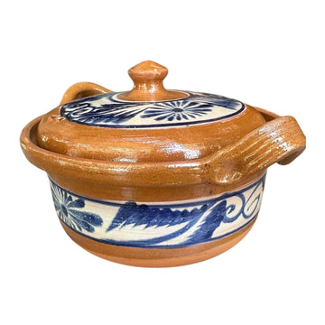 Traditional Mexican Barro Bean and Chili Pot – Handcrafted Clay Pot, 10 Inches Wide, Stovetop & Oven Safe, with Blue Accents – Perfect for Cooking and Serving