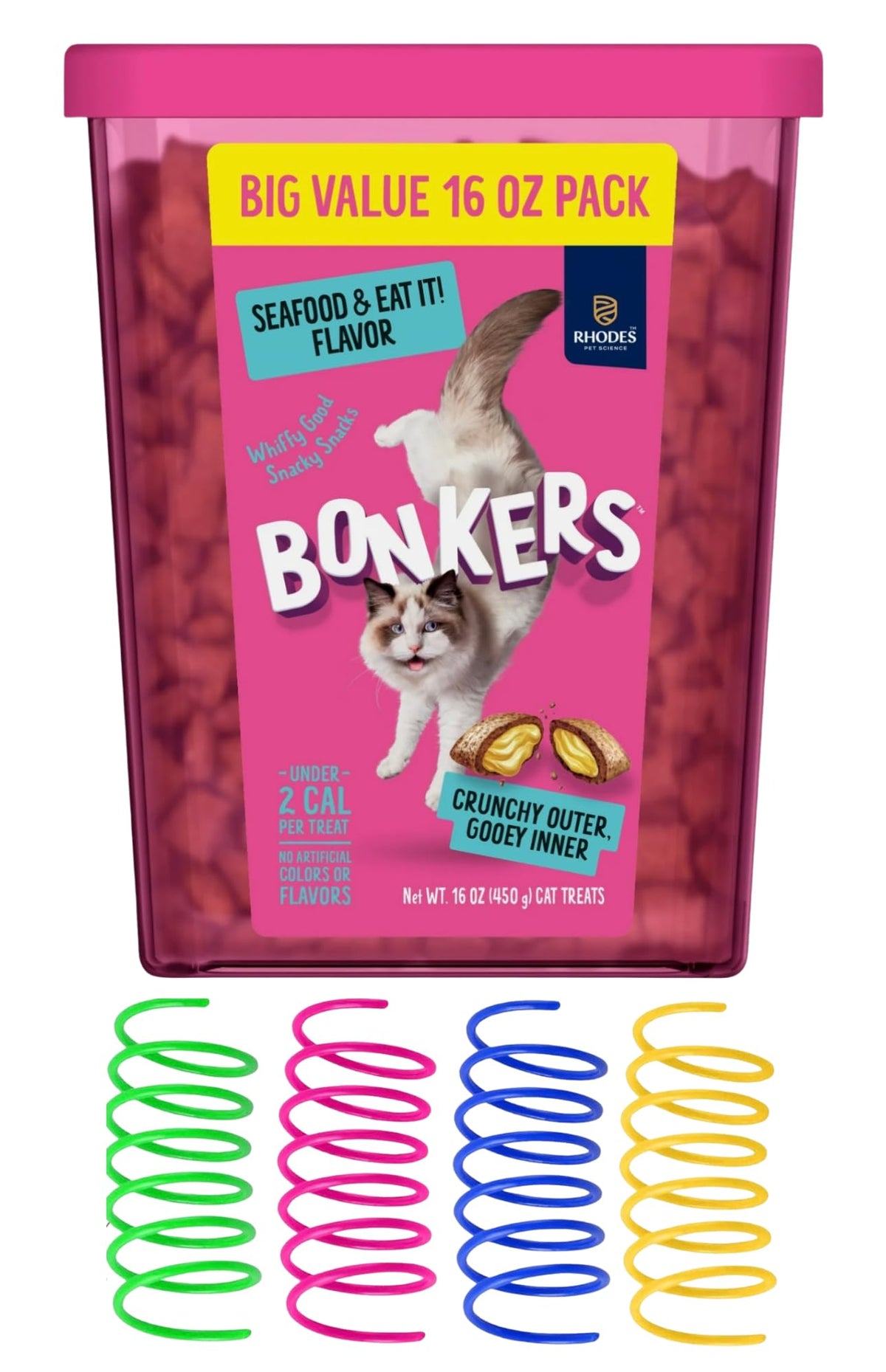 Bonkers Seafood Flavor Cat Treats with Spring Toys, Crunchy Outer Gooey Inner, 16 oz Value Pack