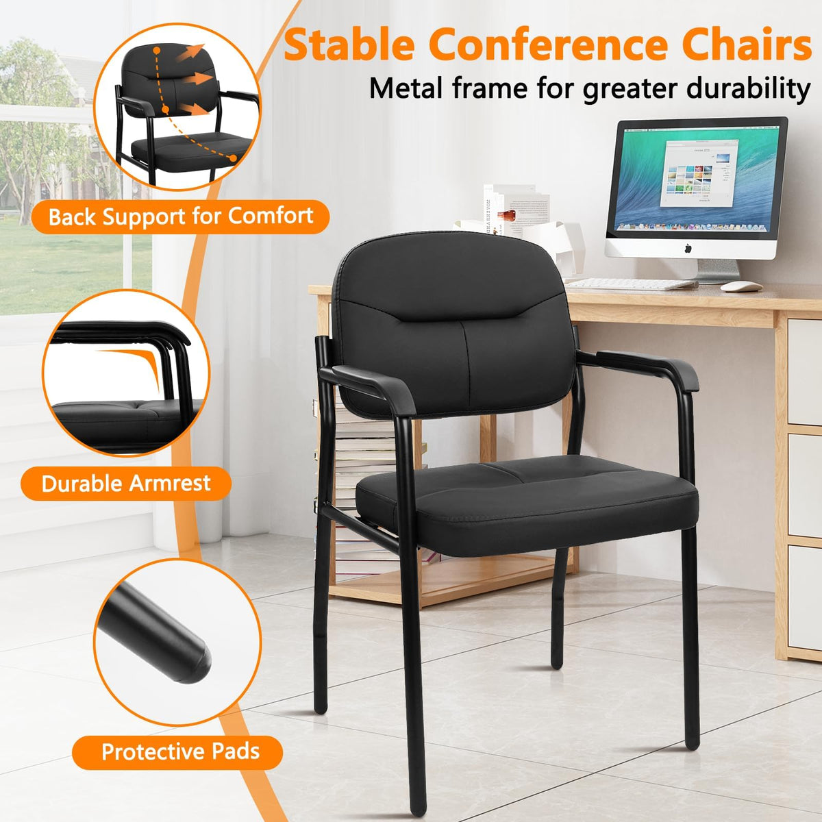 Clatina Leather Guest Chair Sets of 2, Office Reception Chair No Wheels with Armrests and Lumber Support, Ergonomic Desk Armchair for Meeting