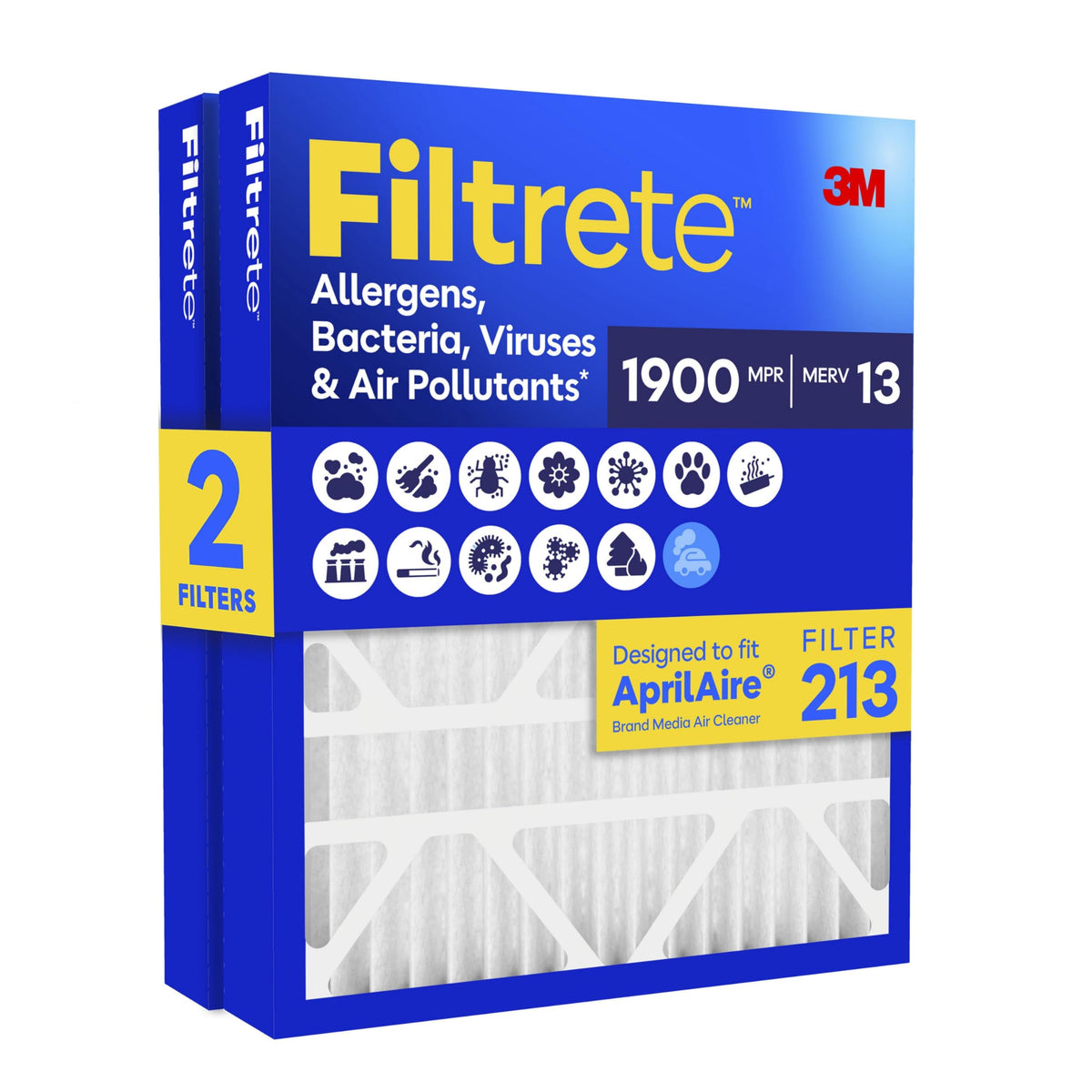 Filtrete 213 Air Filter, AprilAire 213 Replacement Filters, MERV 13, MPR 1900, Allergens, Bacteria, Viruses & Air Pollutants, 12-Month AC/Furnace Filter, Cleaner Air, Reliable Airflow, 2 HVAC Filters