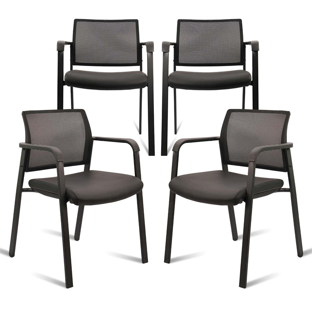 Clatina Stackable Office Chair, Mesh Back Guest Chairs with Comfortable Leather Seat Arms Stacking Ergonomic Desk Chair No Wheels for