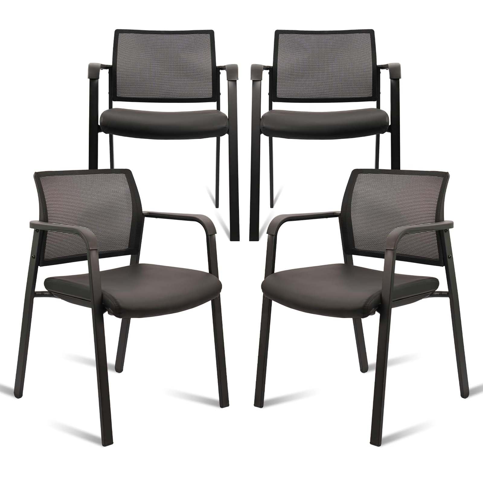 Clatina Stackable Office Chair, Mesh Back Guest Chairs with Comfortable Leather Seat Arms Stacking Ergonomic Desk Chair No Wheels for