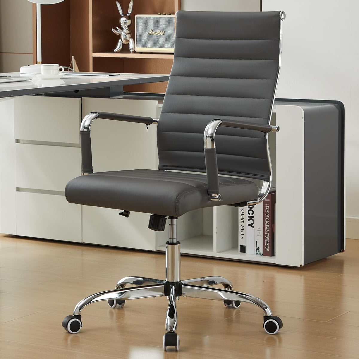 Seanail Office Desk Chair Leather, Conference Room Chairs with Wheels, Modern Executive Computer Guest Chairs with Arms., Grey
