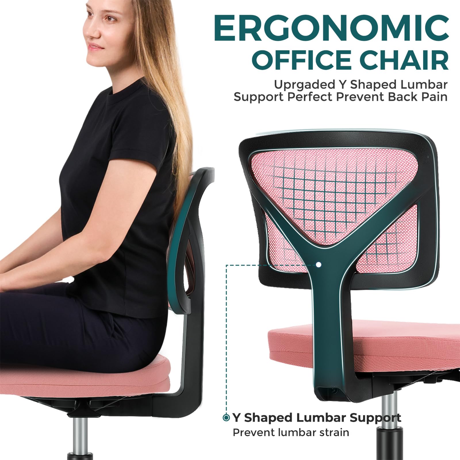 Dumos Armless Desk Chairs, Small Home Office Mesh Chairs, 1pc, Hot Pink
