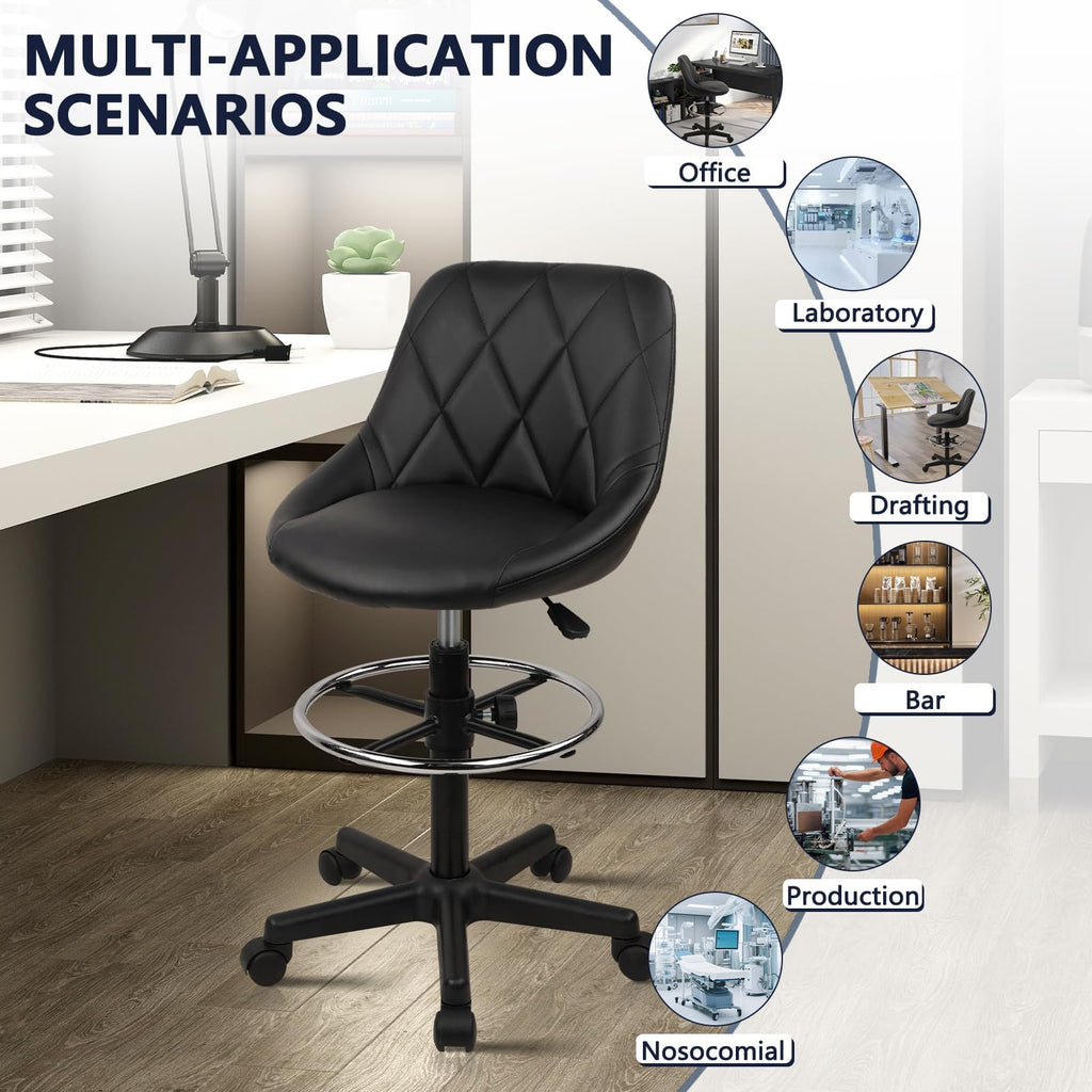 Klasika Drafting Chair with Back, Leather Rolling Swivel Stool with Adjustable Height and Footrest, Ergonomic Tall Standing Desk Office Chairs