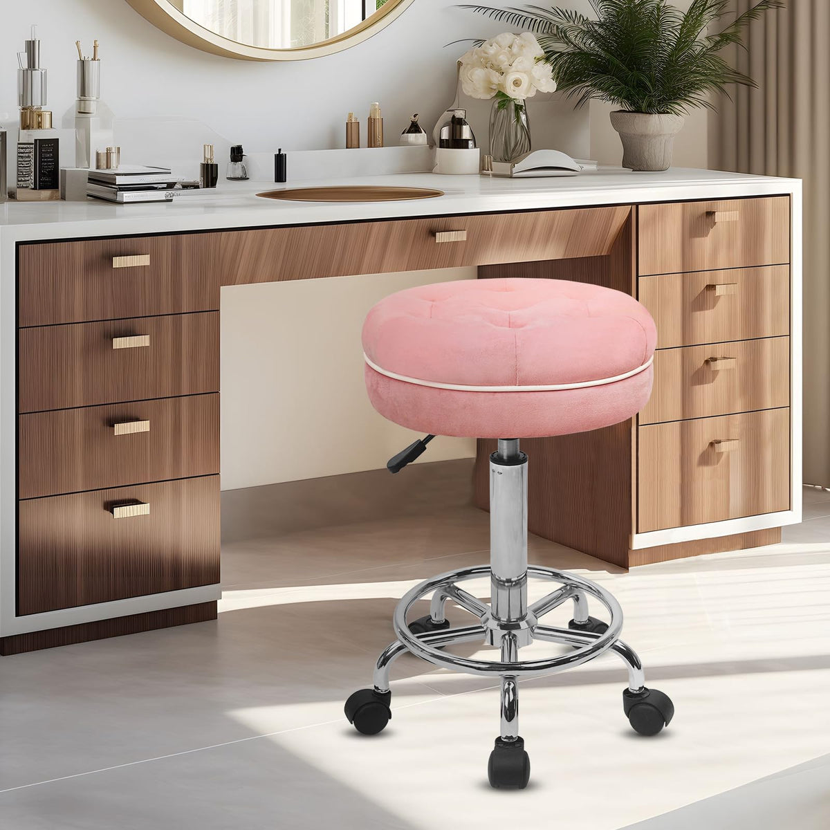 Klasika Velet Rolling Bar Stool with Wheels, Tall Drafting Stool with Adjustable Height and Footrest, Multi-purpose Office Desk Chair for Home