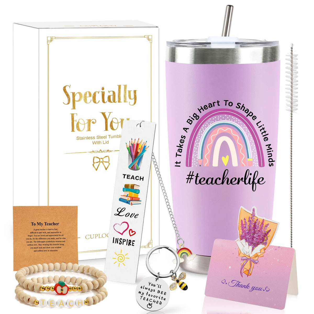 Teacher Appreciation Gifts for Women - 20 Oz Purple Tumbler Set Big Heart Stainless Steel Tumbler Cup with Lid Straw, Thank You Educator Teacher Present Idea for Graduation Thanksgiving Christmas Gift