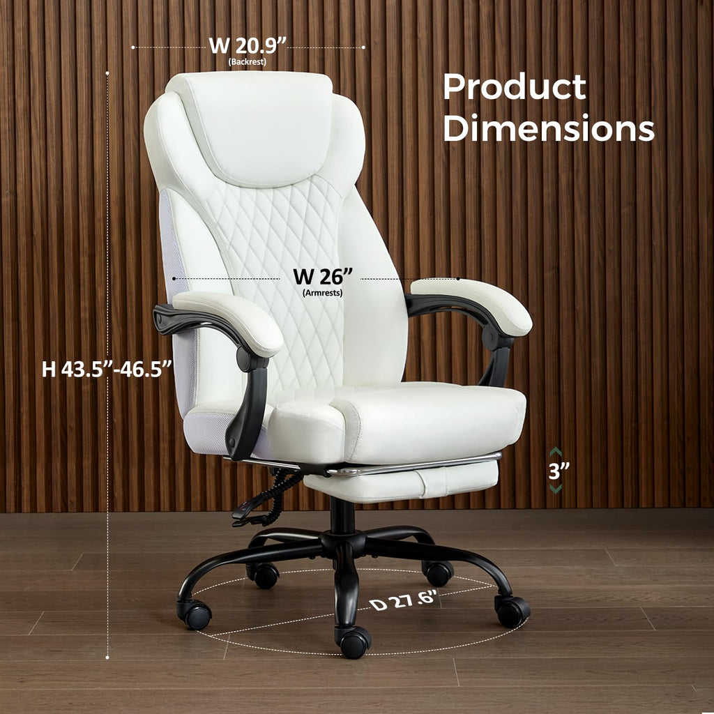 Amseatec Big and Tall Office Chair with Footrest, Lumbar Support, White, Oversized