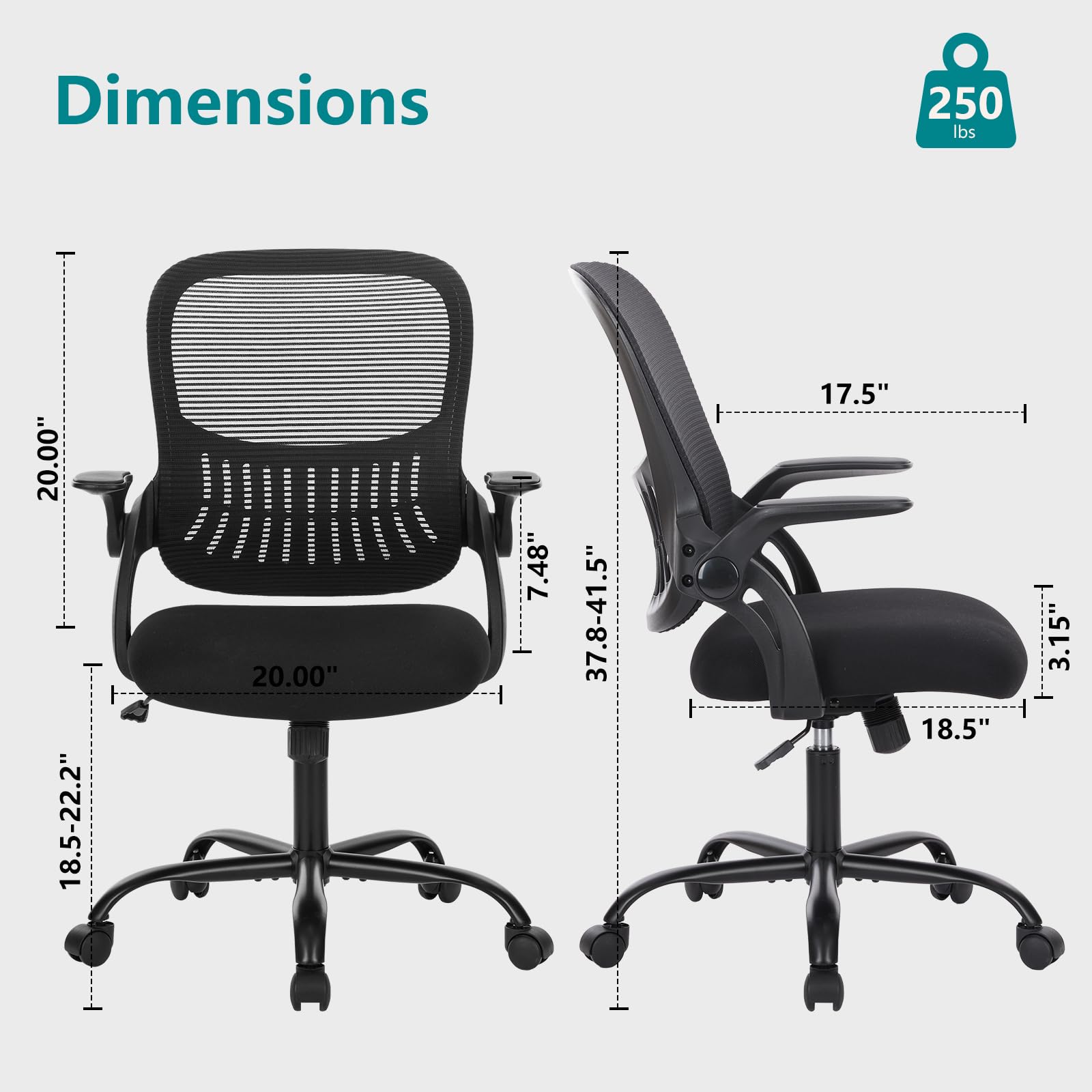 Sweetcrispy Executive Home Office Chair, Mesh Office Chair, Black, 18.5"D&Flip-up Arms-Plus