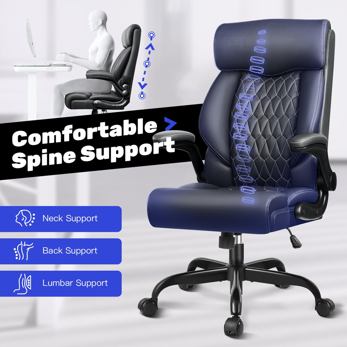 High Back Executive Office Chair - Ergonomic Computer Desk with Rocking Function, Leather Managerial with Adjustable Flip-up Armrests and