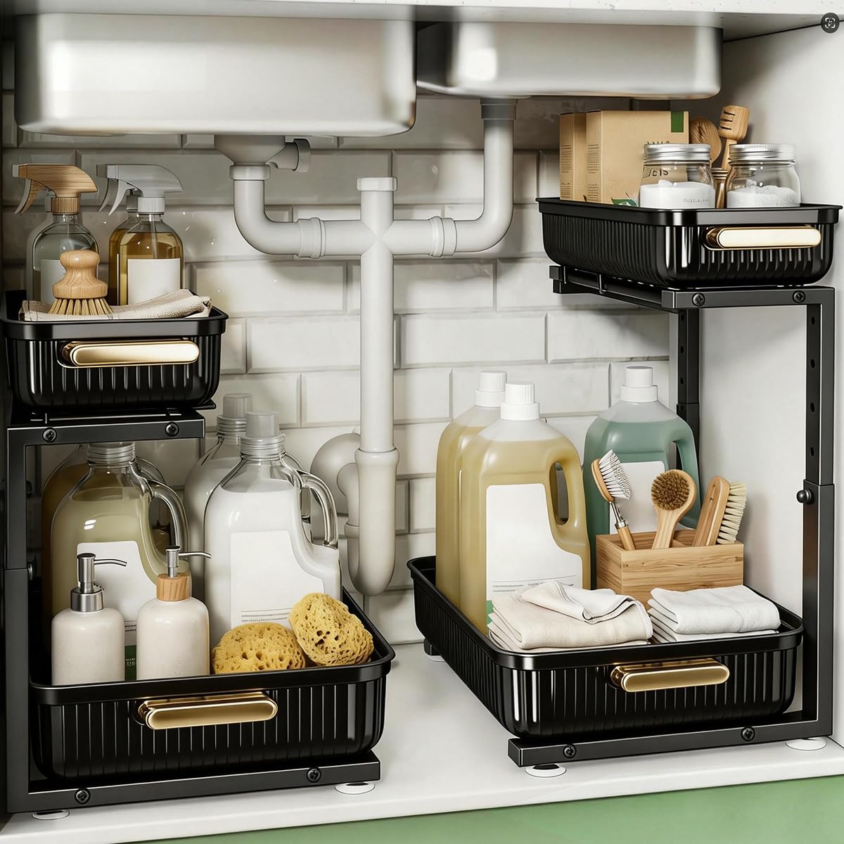 Under Sink Organizer - 2 Packs Multi-Purpose Pull-Out Storage Organizers, Slide out Pull out Cabinet Organizer Shelf, Storage for Kitchen Bathroom