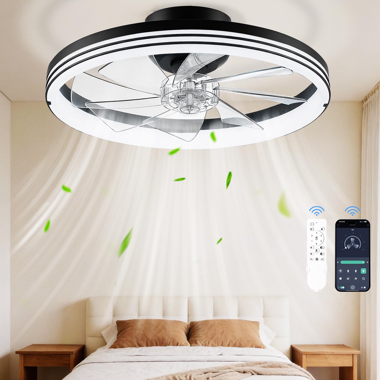 Ceiling Fans with Lights and Remote, 20" Modern Foldable Low Profile Ceiling Fan with Light, Stepless Color Temperature Change and 6 Speeds for Bedroom, Kids Room and Living Room (Stripe Black)