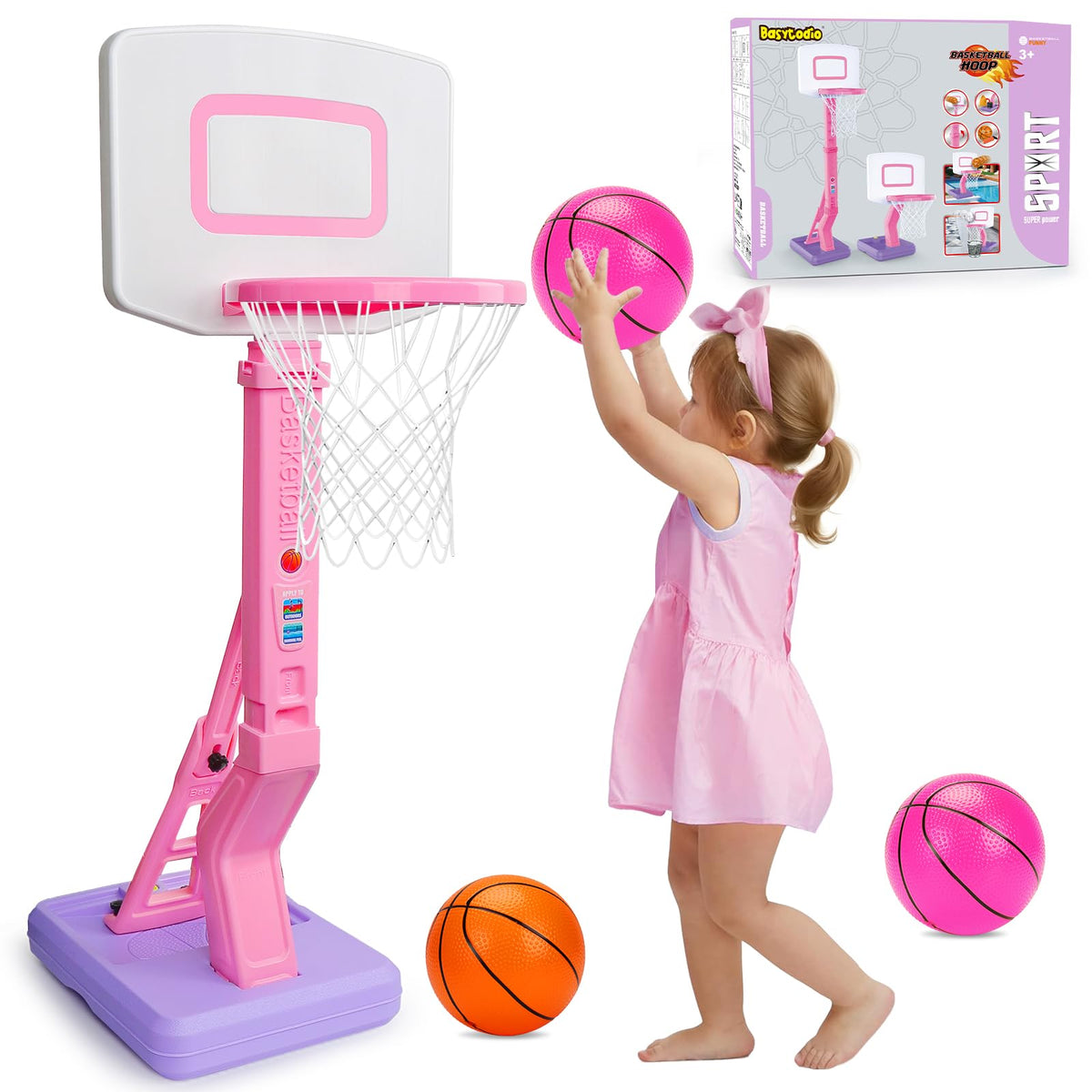 Basytodio Toddler Pink Basketball Hoop Indoor for Age 1-3, Adjustable Kids Basketball Hoop Goal, Mini Pool Outdoor Basketball Hoop with 3 Balls, Toddler Toys Age 1 2 3 4 Year Old Girls Birthday
