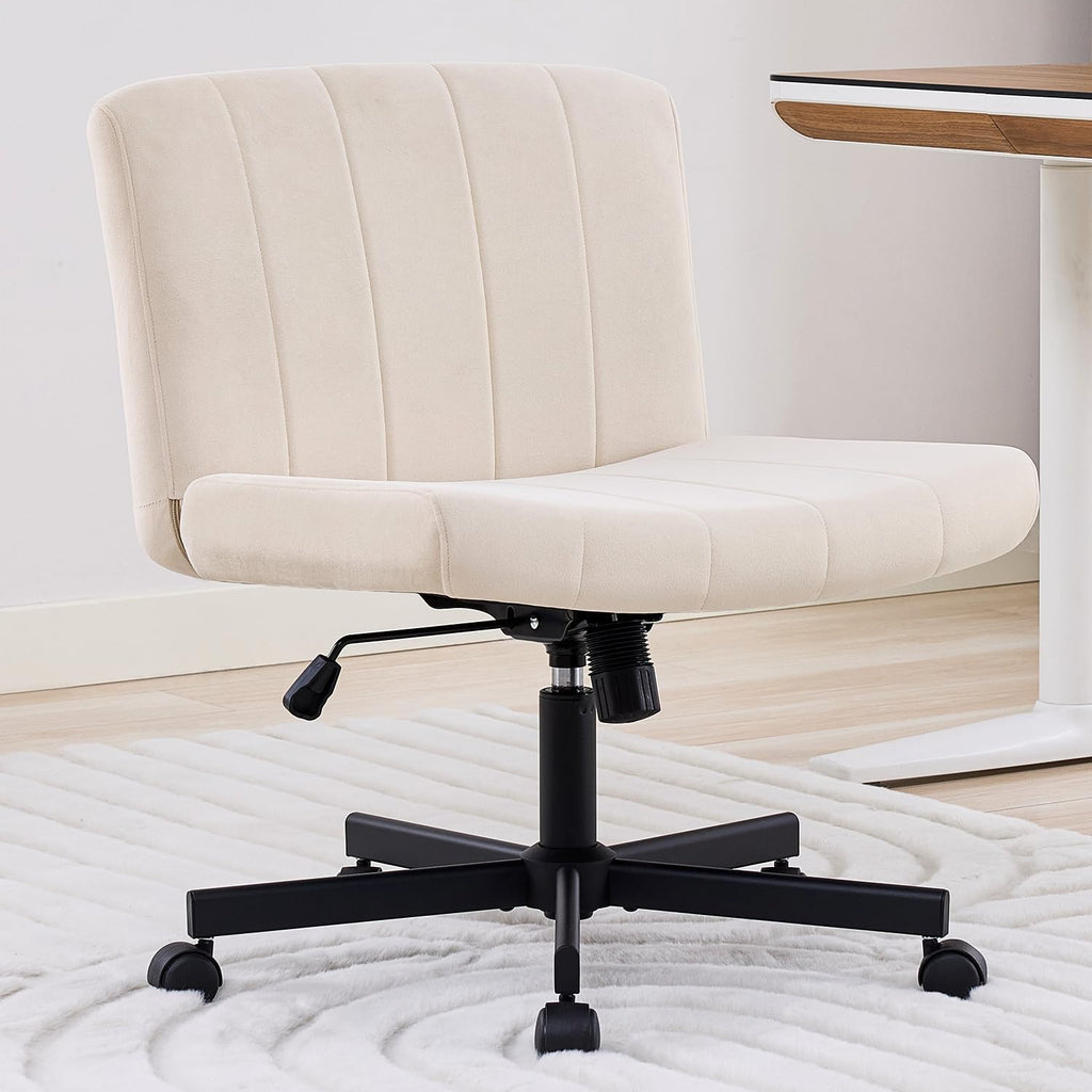 Lukkdys Criss Cross Chair with Wheels, Wide Cross Legged Desk Chair, Comfy Fabric Vanity Chair for Home Office Bedroom, Adjustable Armless