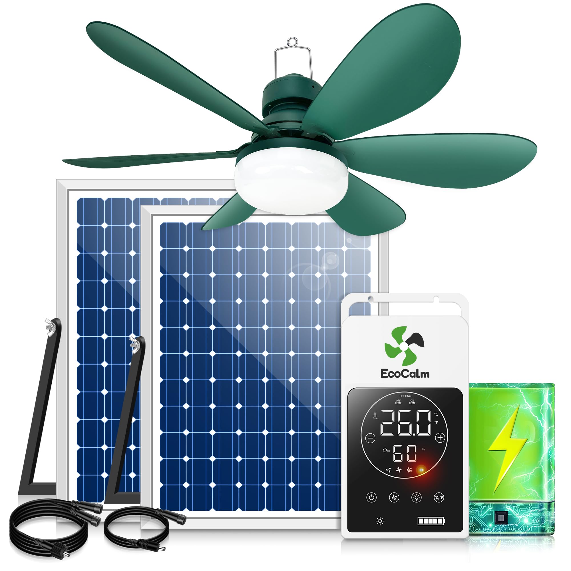 Solar Ceiling Fan Light with Battery and Adjustable Thermostat, 20" Outdoor Ceiling Fans for Gazebo with 2pcs 15W Bifacial Solar Panels, Solar Powered Canopy Fan for Patio, Sunroom, RV(Green)
