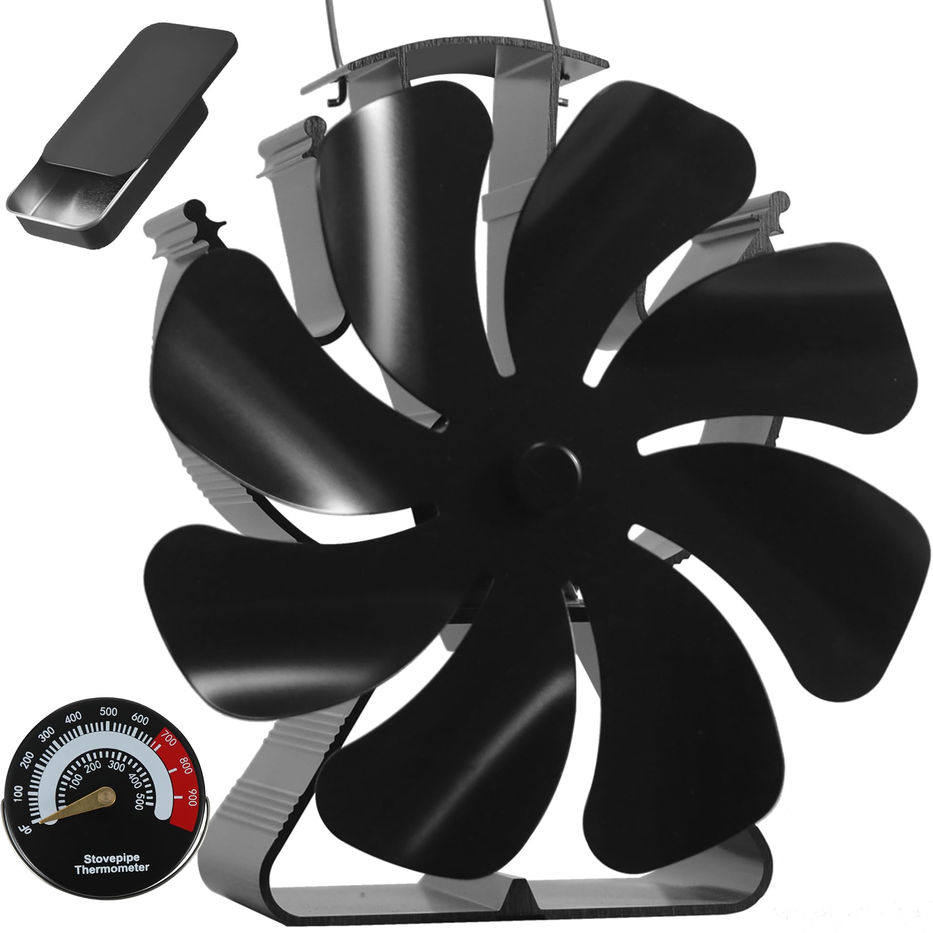 VODA Wood Stove Fan Heat Powered Fireplace Fans 8 Blades Non Electric, Heat Activated Thermal Fan for Wood Burning Stove/Log Burner, Stove Accessories Thermometer