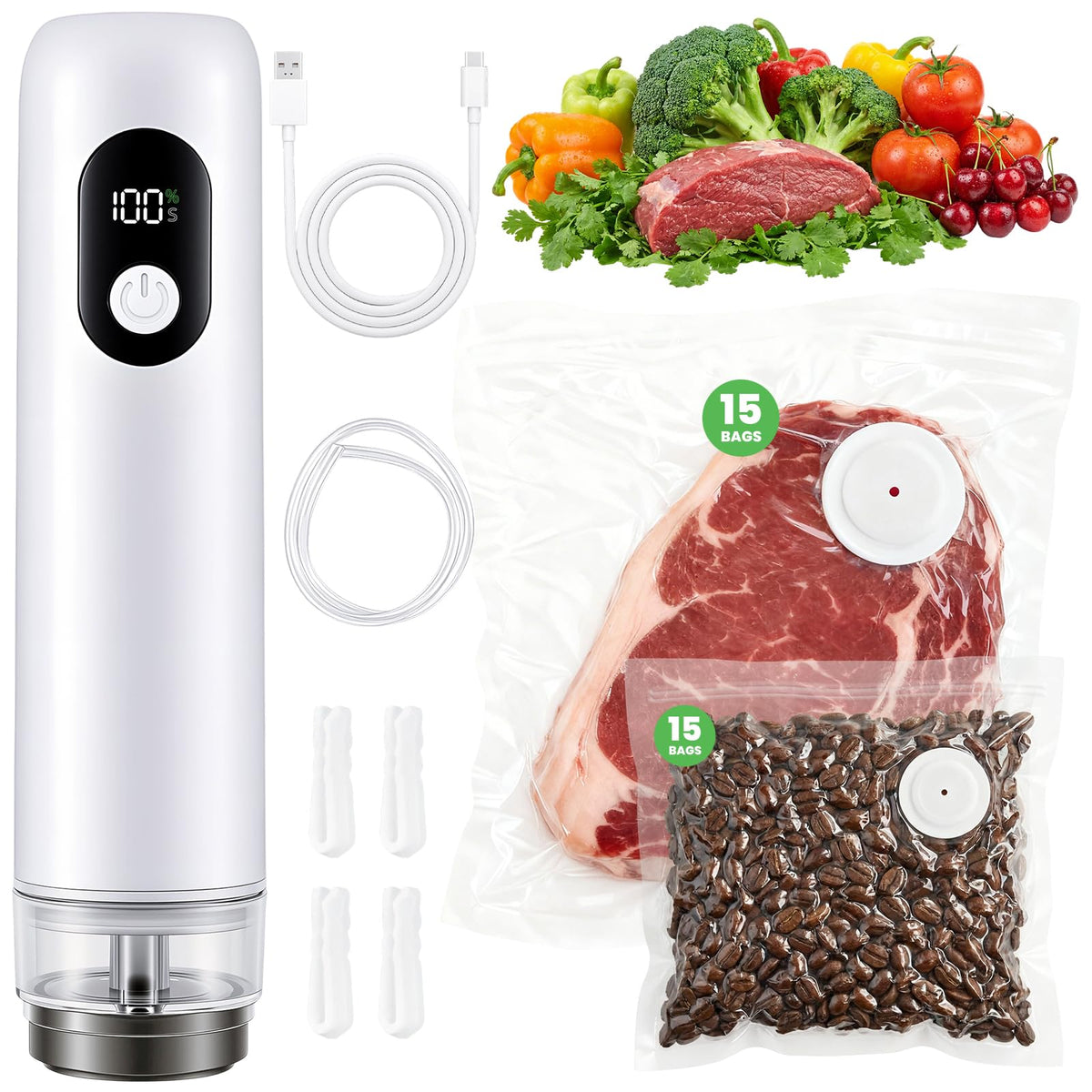 Vacuum Sealer for Food Portable Food Sealer with 30 Reusable Bags, USB-C, Dry/Moist/Canister/Wine Mode – Long-Lasting Wireless Compact Vacuum Sealer for Travel, Camping, and Home Kitchen