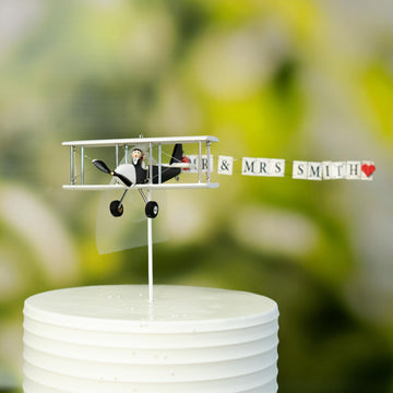 Airplane Wedding Cake Topper with Custom banner Mr. & Mrs. Cute unique honeymoon figurines at the helm of the plane