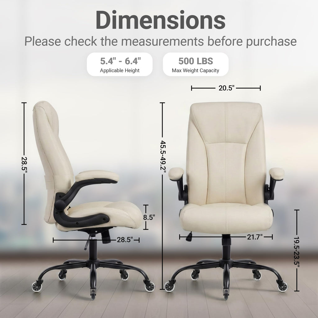 Big and Tall Office Chair for Heavy People, 400lbs High Back Extra Wide Executive Pu Leather Office Chair with Flip-up Armrests, Quiet Rubber