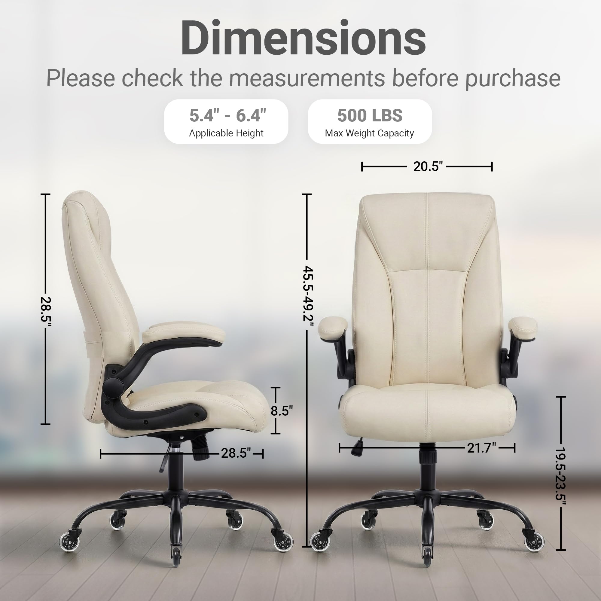 Big and Tall Office Chair for Heavy People, 400lbs High Back Extra Wide Executive Pu Leather Office Chair with Flip-up Armrests, Quiet Rubber