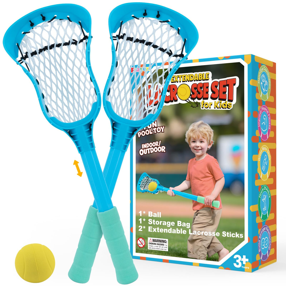 Outdoor Toys Adjustable Kid Lacrosse Stick Set Ball - Toddler Outside Beach Pool Yard Game & Toy for Ages 3+ 4 5 6 7 8 Year Old Boy & Girl Gift for Kids, with Lightweight Easy-Catch & Full Size Basket