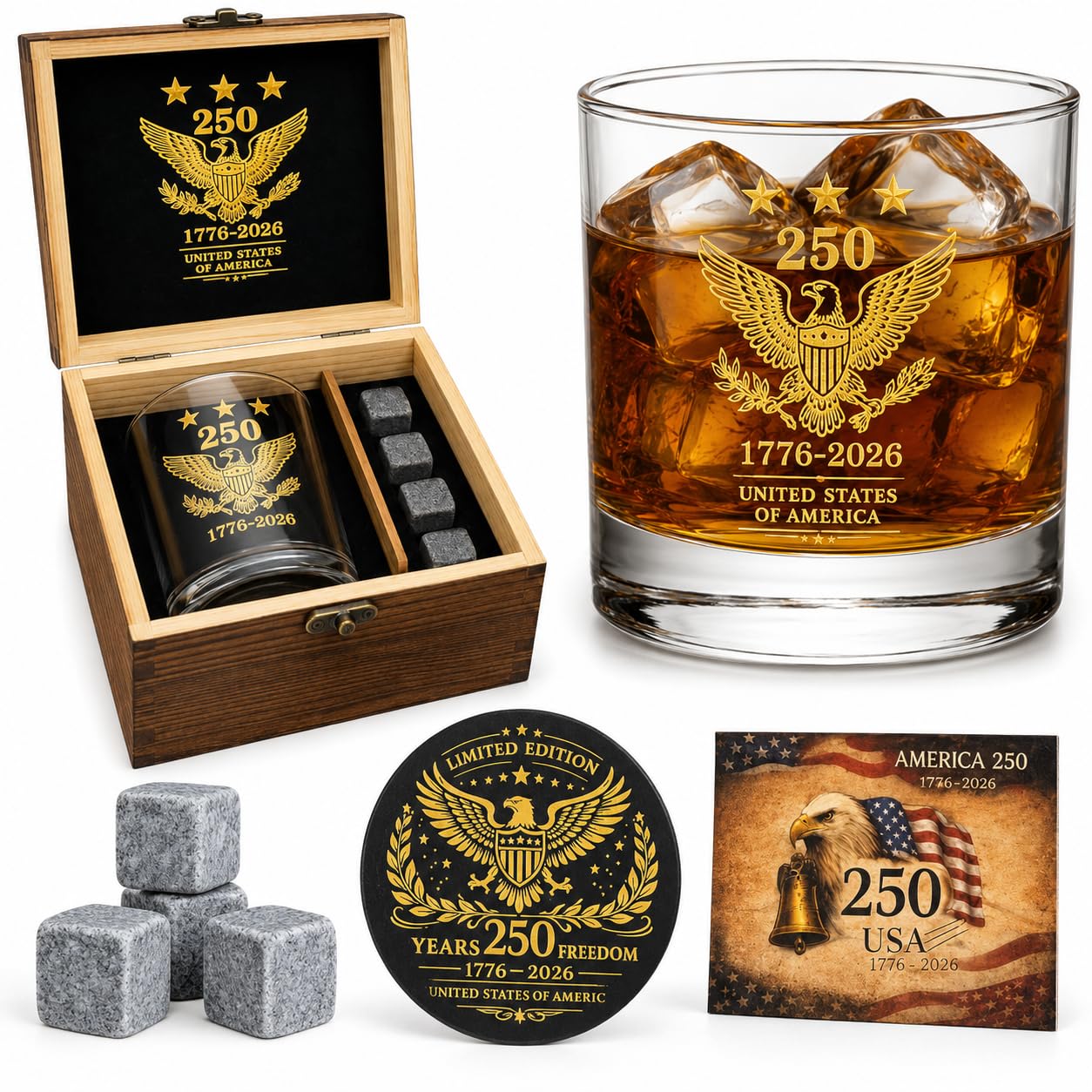 250th Anniversary USA Whiskey Glass Set for Men 1776-2026, Patriotic Gift Set with Wooden Box, Old Fashioned Glass, 4 Granite Whiskey Stones, Coaster & Commemorative Card for Dad Husband Veterans