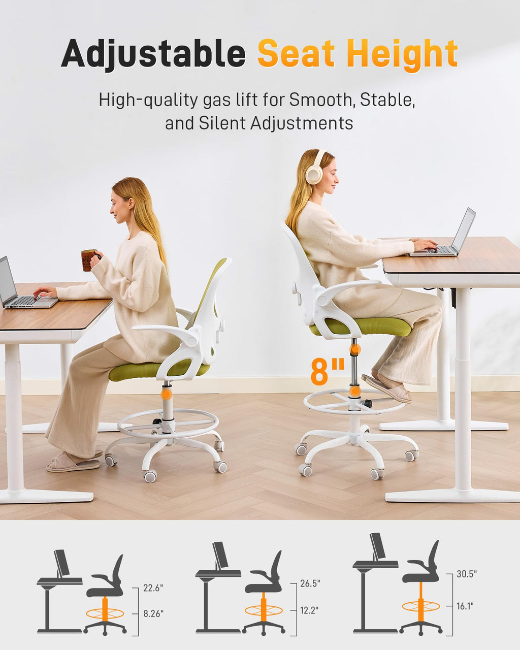 Lukkdys Drafting Chair with Arms, Tall Office Chair for Standing Desks, 20.9" x 10.6" x 20.9", Green&white