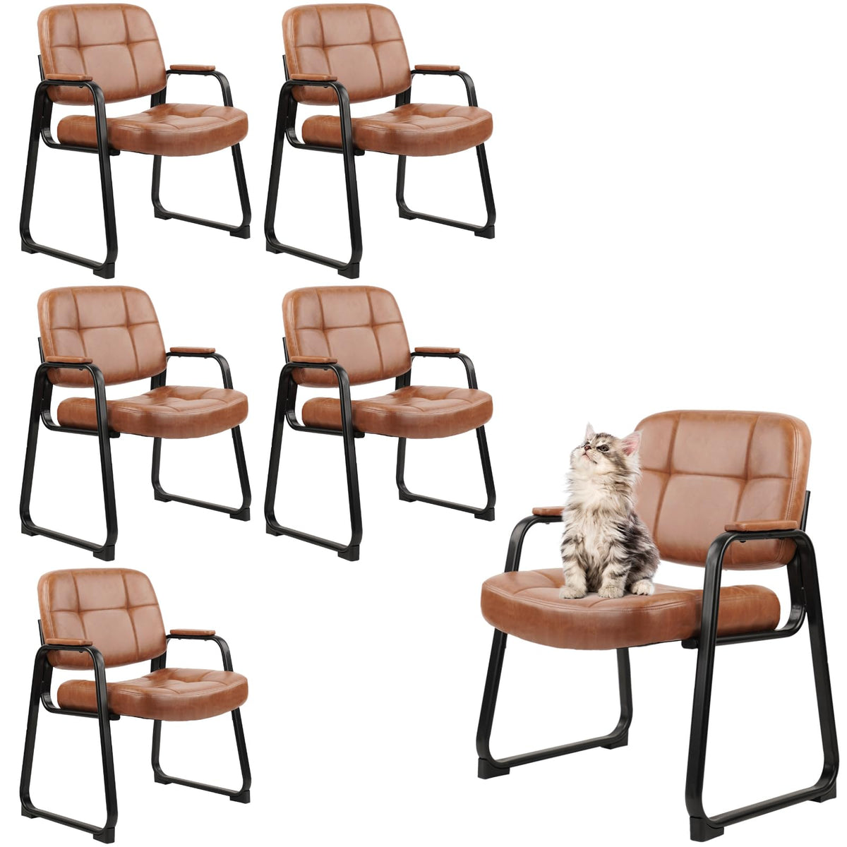 Clatina Big & Tall 500 Lb Waiting Room Chairs with Padded Armrests and Sled Base, Leather Stationary No Wheels Office Guest Chair for Reception
