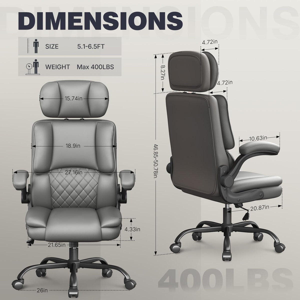 Cyzena Office Chair-executive High Back Breathable Big and Tall Office Chair Flip-up Armrests Lumbar Support-ergonomic Leather Rolling Swivel